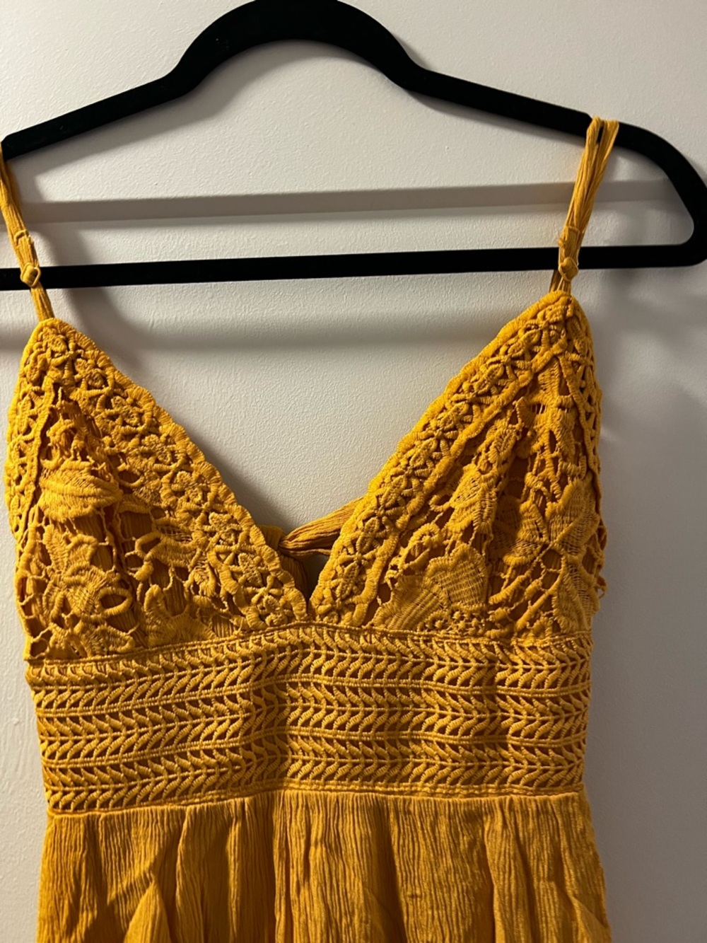 Mustard Crochet Bodice Tiered Mini Dress - Picture 3 of 5